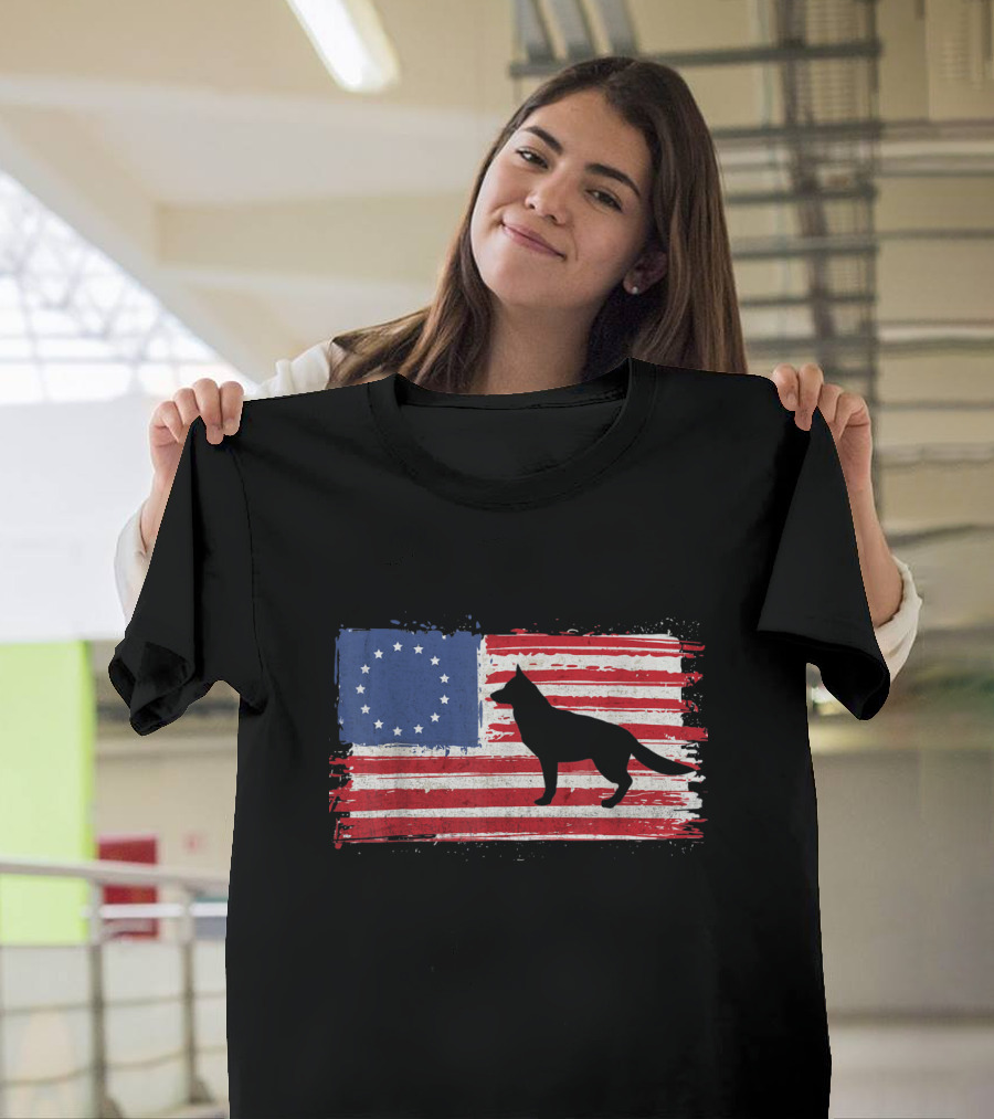 Betsy Ross Flag with German Shepherd Silhouette on American Colors T-Shirt