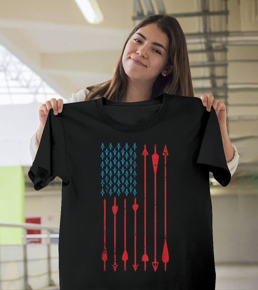 Patriotic American Flag Made from Blue Arrowheads and Red Archery Arrows T-Shirt