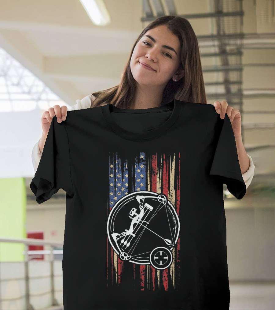 American Flag with Bow and Arrow Fishing T-Shirt