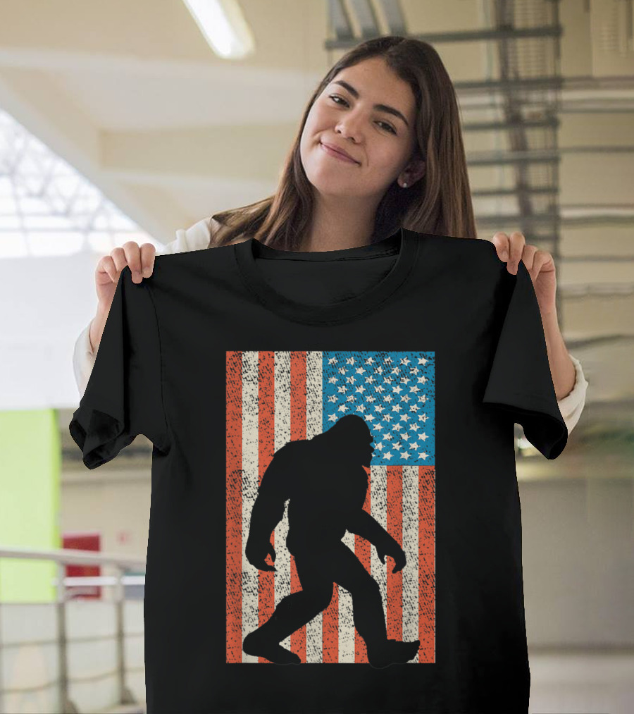 Bigfoot Sasquatch Silhouette with American Flag Background I Believe USA T-Shirt