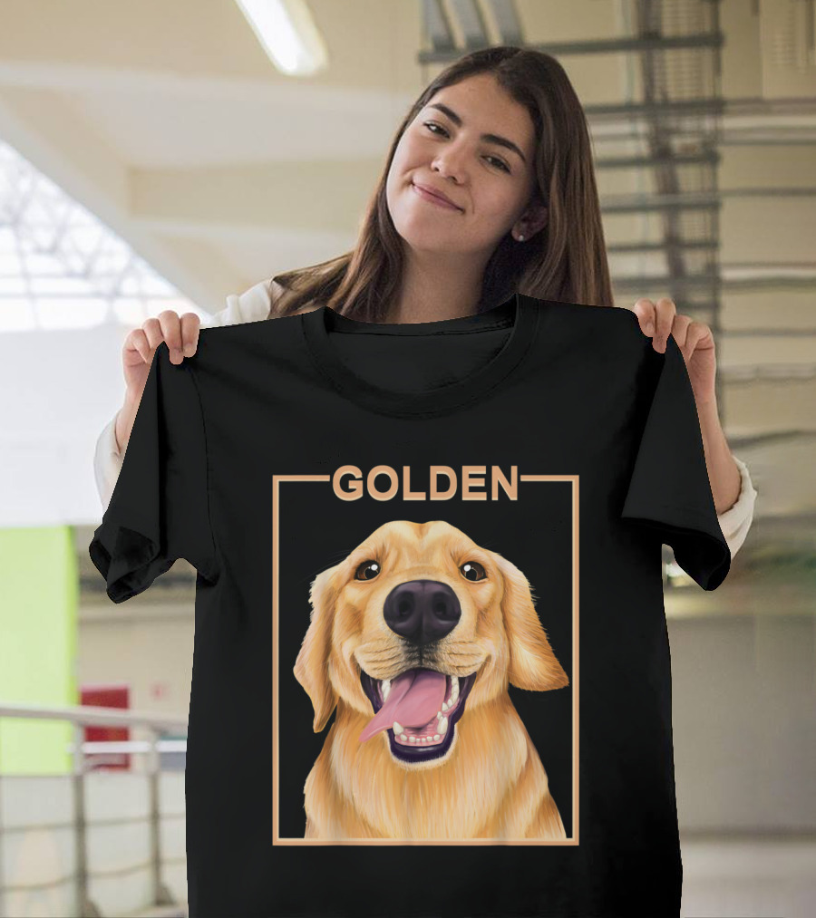Golden Retriever Happy Dog in Black and Gold Frame T-Shirt