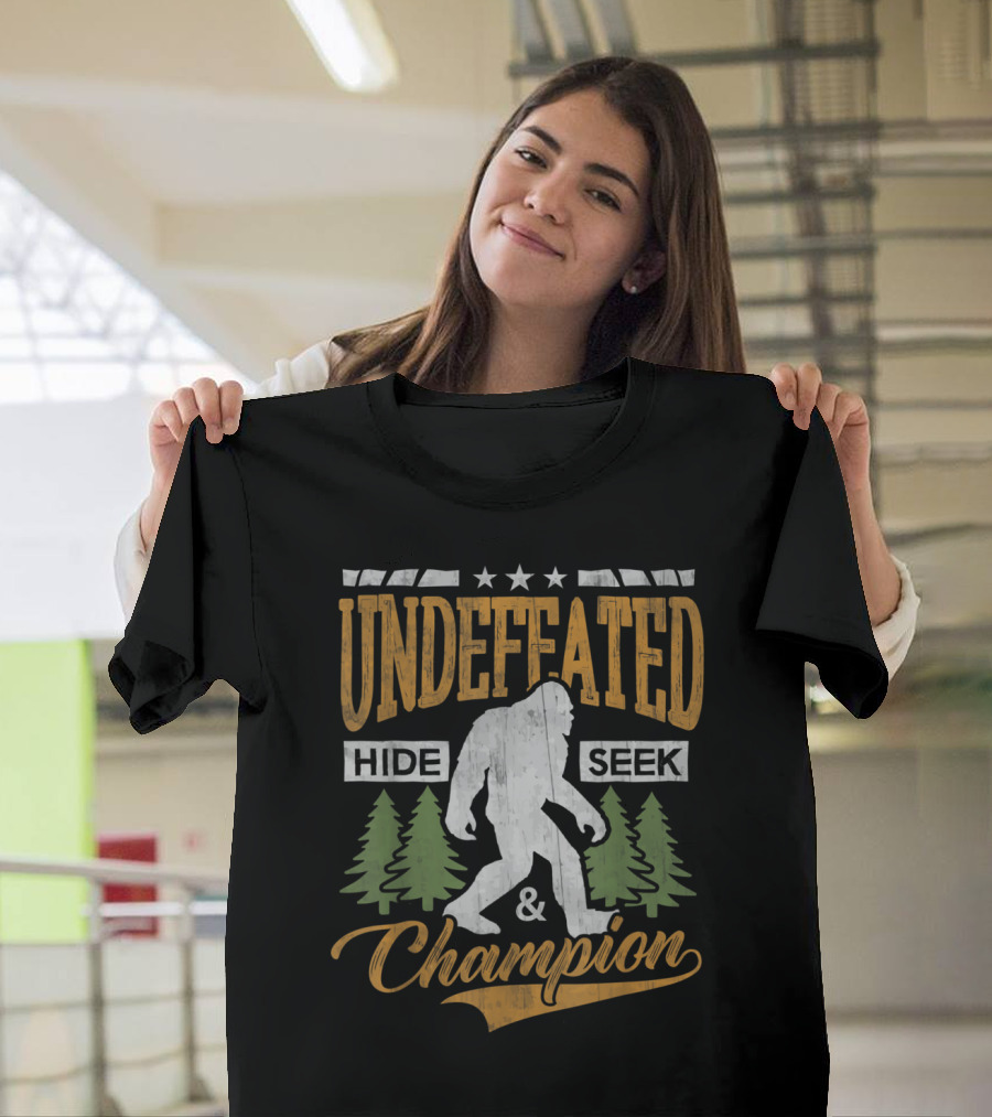 Undefeated Hide and Seek Champion Bigfoot Silhouette with Trees T-Shirt