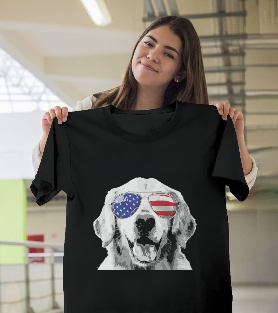 Golden Retriever 4th of July American Flag Sunglasses T-Shirt