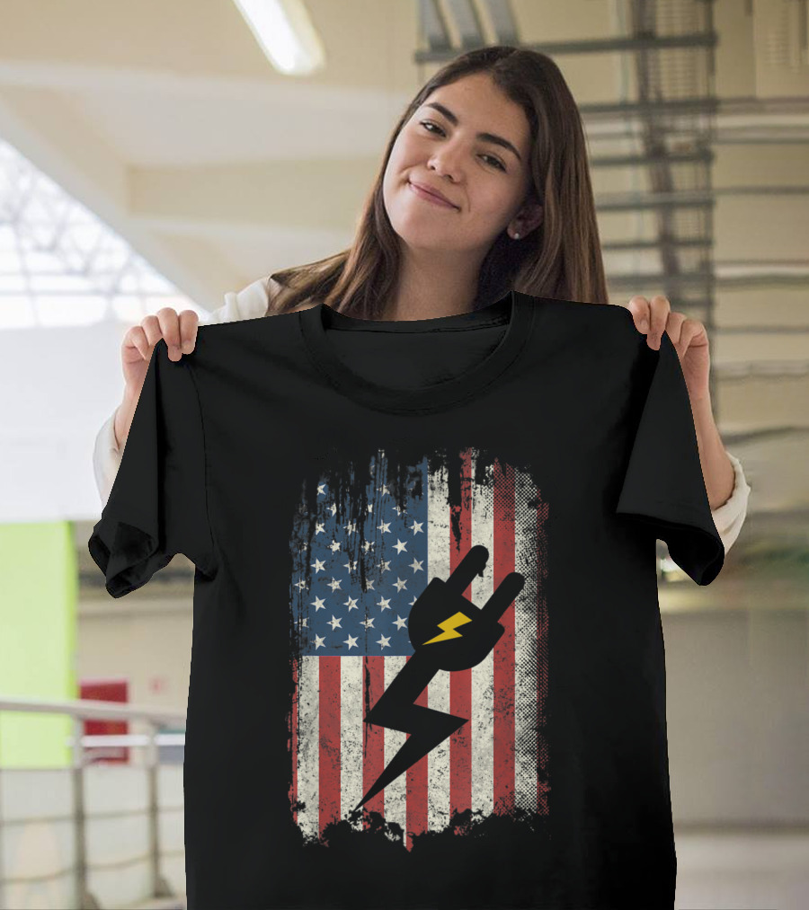 Electrician American Flag with Lightning Bolt Plug T-Shirt