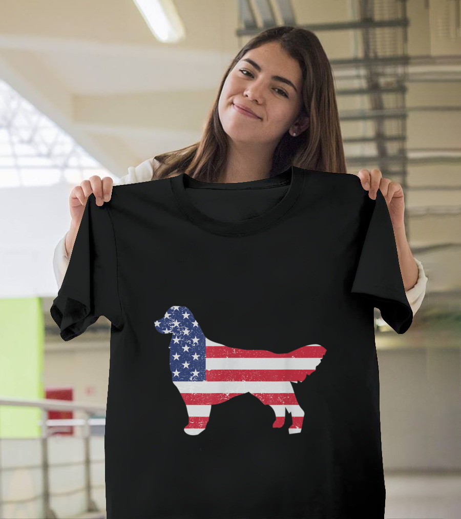 Golden Retriever Silhouette with Stars and Stripes American Flag T-Shirt