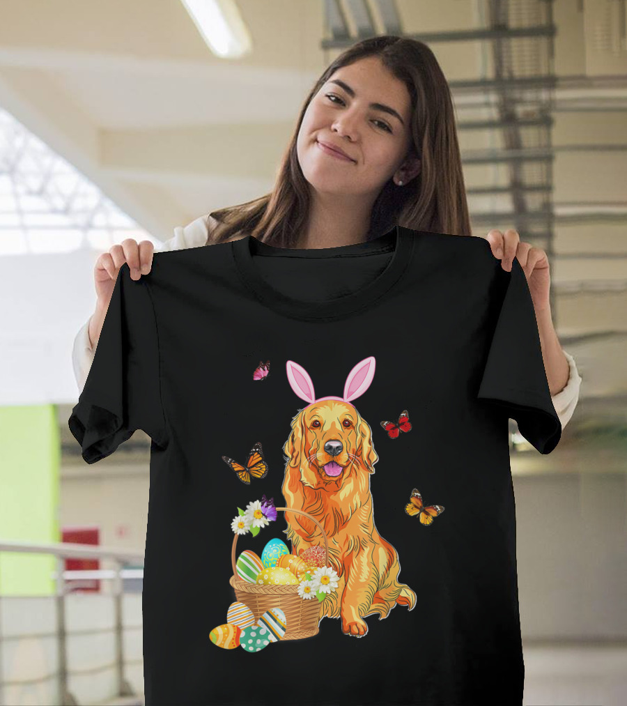 Golden Retriever with Bunny Hat Surrounded by Easter Eggs and Butterflies T-Shirt
