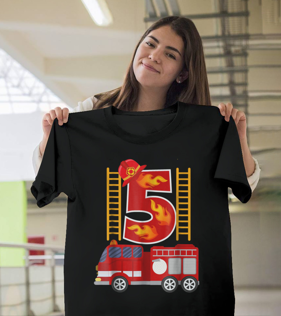 Birthday 5 Firefighter Theme with Fire Truck and Flames T-Shirt