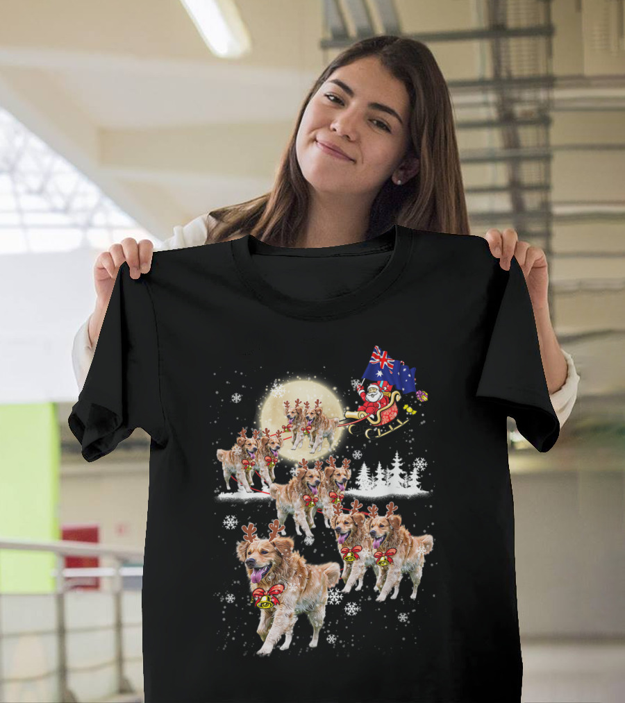 Golden Retriever Christmas Reindeer Santa Sleigh Australian Flag Snowflakes Moon Scene T-Shirt