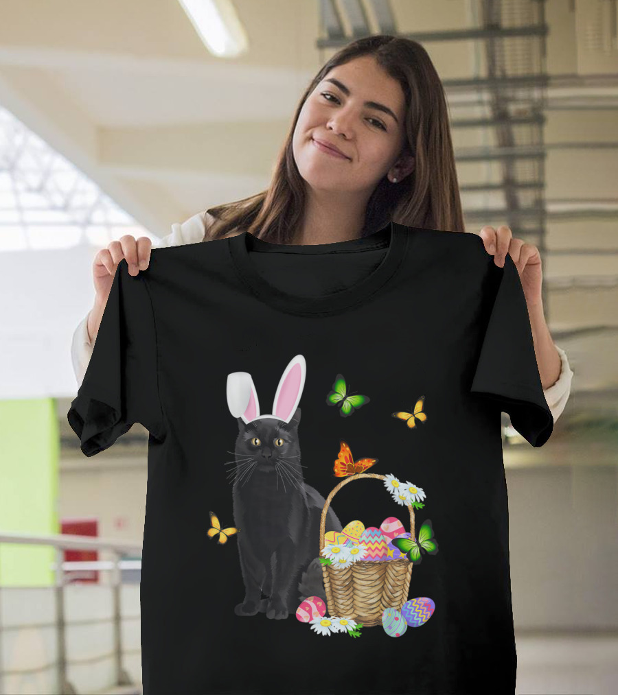 Black Cat Wearing Bunny Hat with Easter Eggs and Butterflies Basket T-Shirt