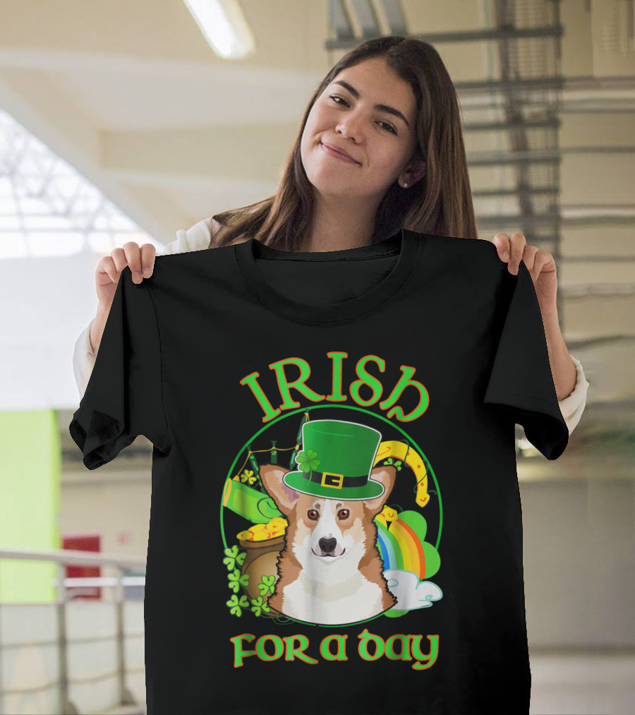 Irish For A Day Pembroke Welsh Corgi St Patrick's Celebration with Shamrocks and Rainbow T-Shirt