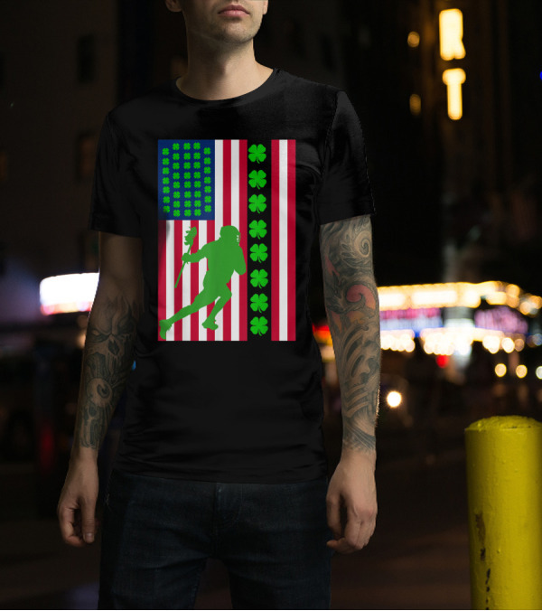 Irish Lacrosse American Flag Shamrock Pattern With Green Player T-Shirt