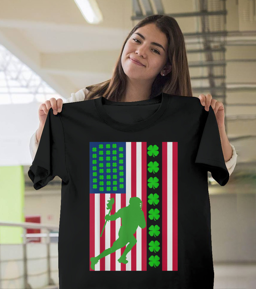 Irish Lacrosse American Flag Shamrock Pattern with Green Player T-Shirt