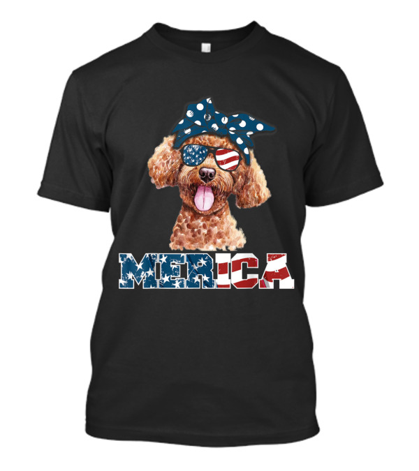 MERICA Poodle With American Flag Sunglasses And Bandana T-Shirt