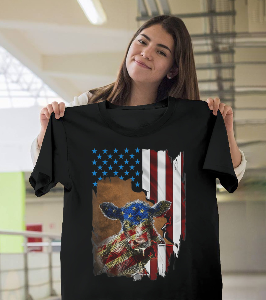 Patriotic Cow with American Flag Design for 4th of July T-Shirt