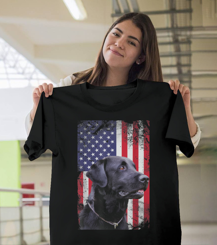 Black Labrador Dog with USA Vintage American Flag Background T-Shirt