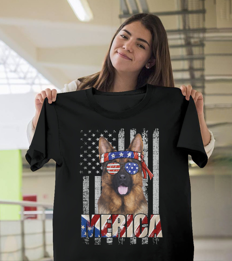 Merica German Shepherd with American Flag Bandana and Sunglasses T-Shirt