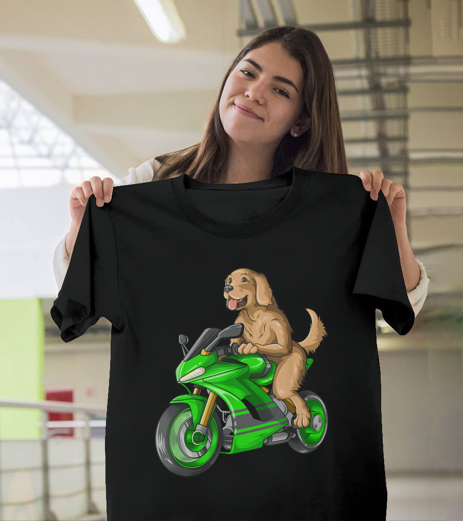 Golden Retriever Dog Riding Green Motorcycle T-Shirt