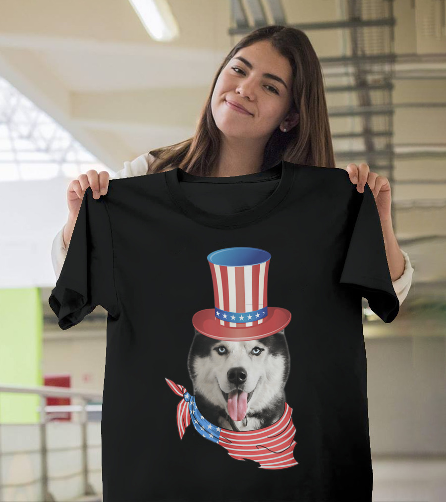Patriotic Husky Wearing Uncle Sam Hat with American Flag Bandana 4th of July T-Shirt