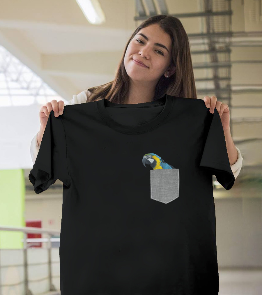 Parrot Macaw Peeking from Pocket Blue and Gold T-Shirt