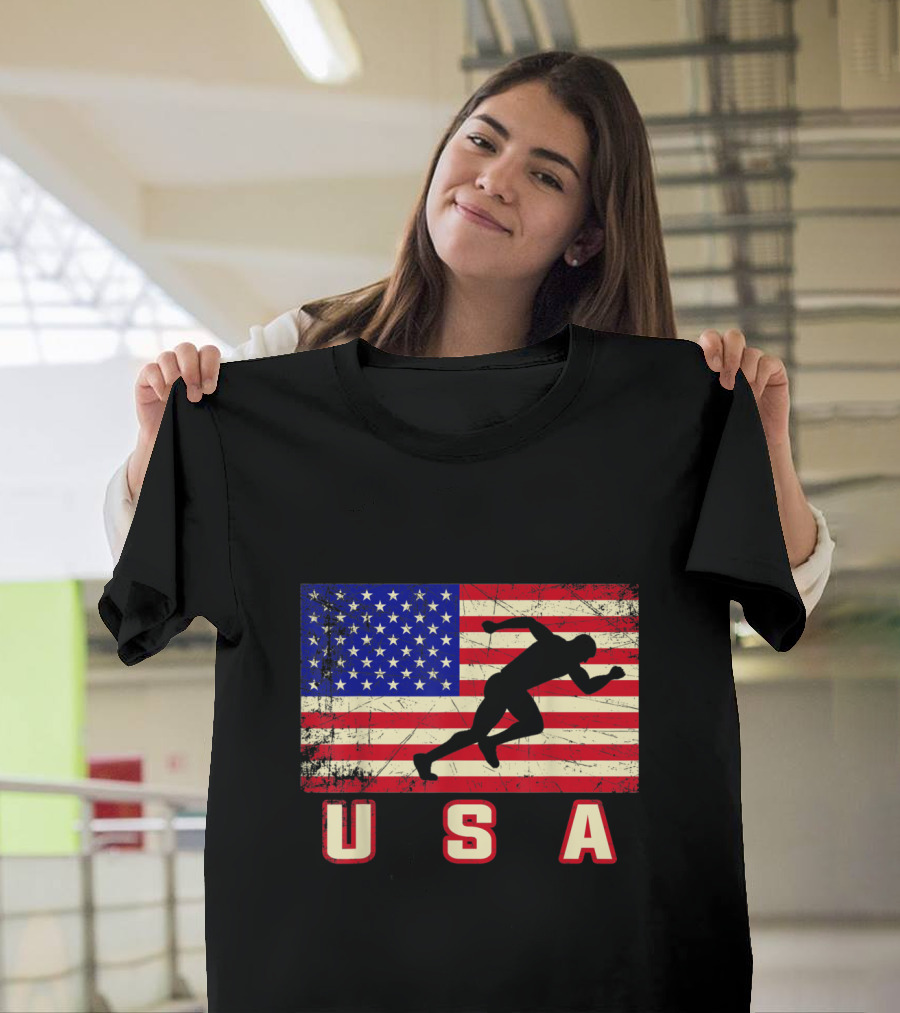 USA American Flag Track and Field Silhouette Patriotic Runner T-Shirt