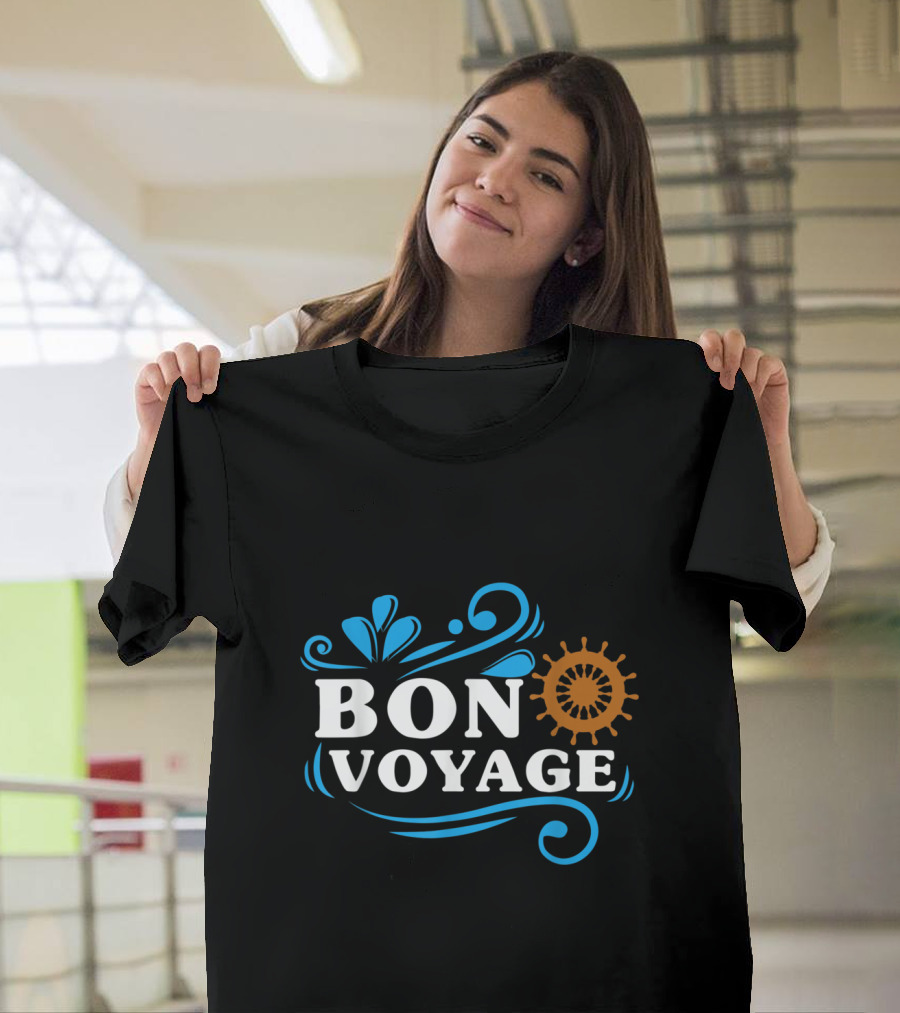 Bon Voyage Nautical Adventure with Ship Wheel and Ocean Waves Elements T-Shirt
