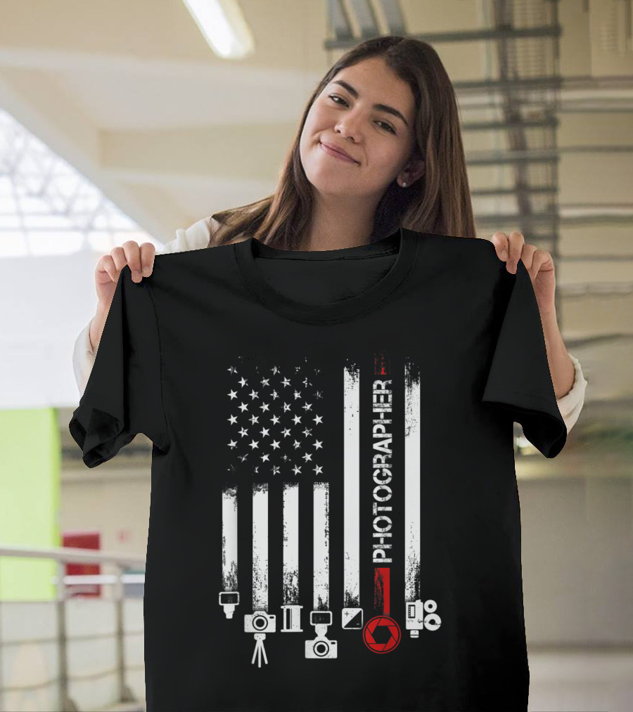 American Flag Photographer Camera Icons and Red Shutterstripe T-Shirt