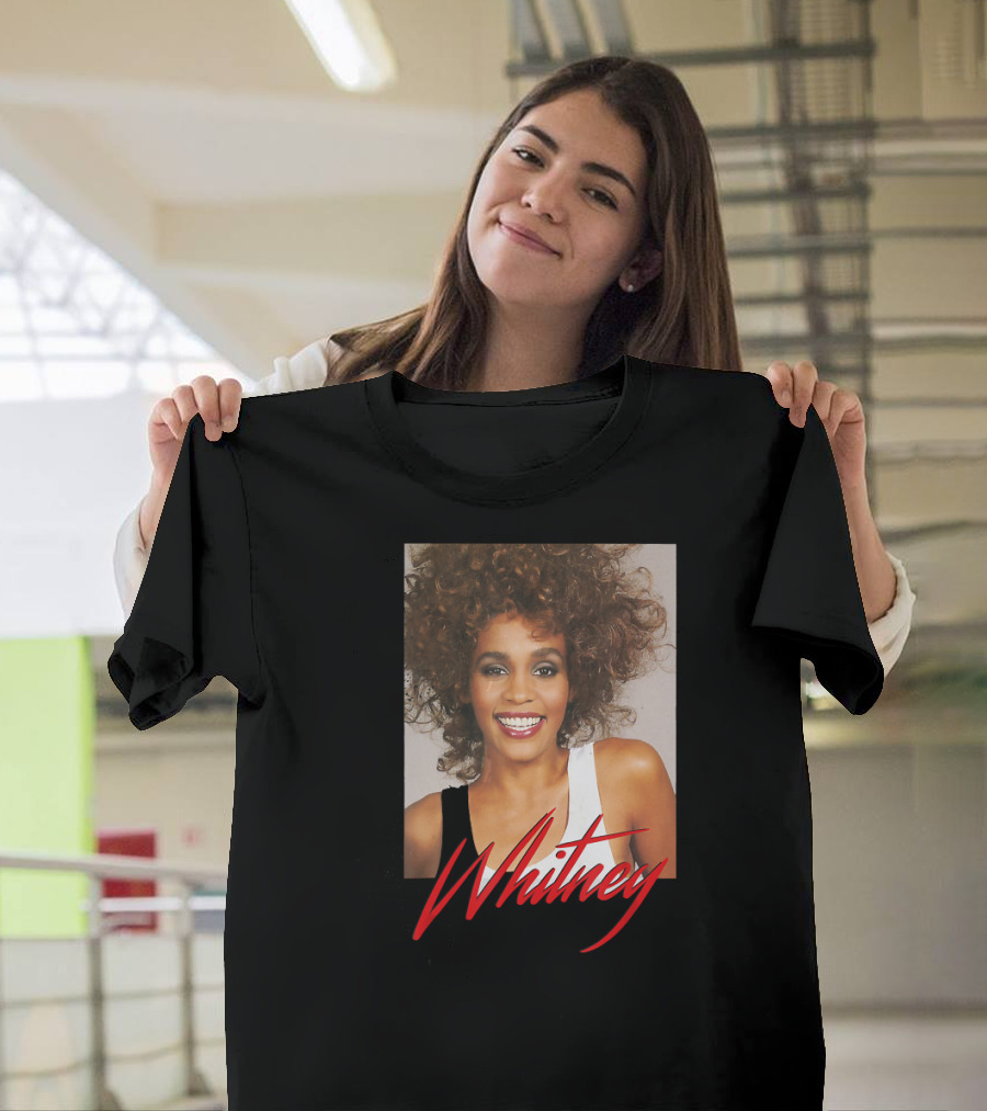 Whitney Houston Smile Photo Red Signature T-Shirt