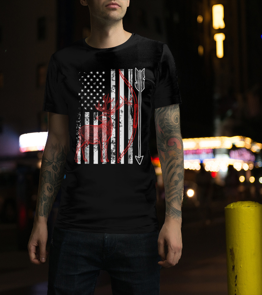Patriotic Crossbow Hunting American Flag Deer T-Shirt