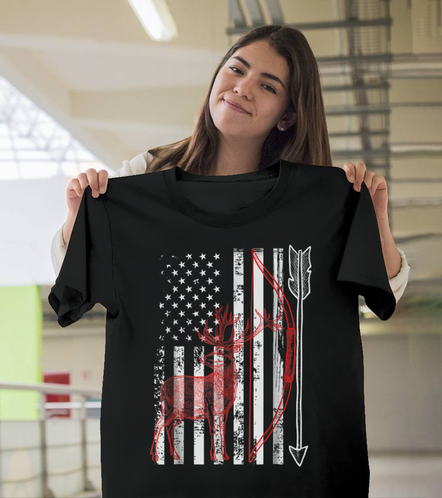 Patriotic Crossbow Hunting American Flag Deer T-Shirt