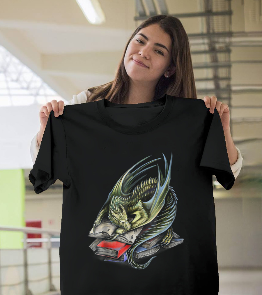 Magical Book Wyrm Dragon Resting on Pile of Books T-Shirt