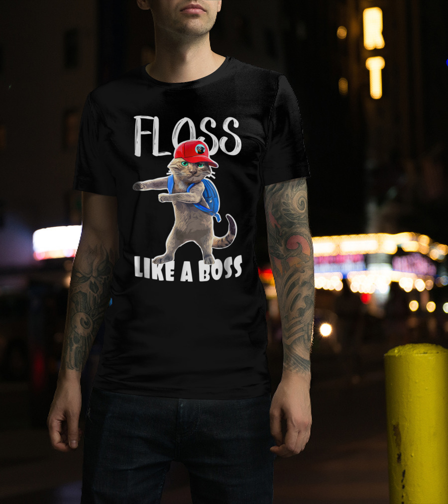 Floss Like A Boss Funny Cat In Red Cap With Blue Backpack T-Shirt