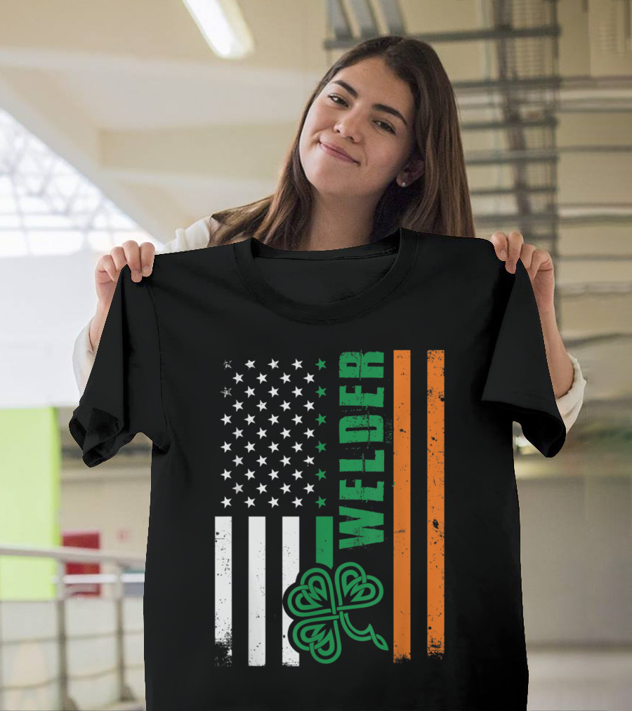 Welder American Ireland Flag with Shamrock T-Shirt