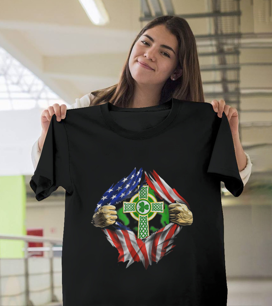 American Irish Blood Inside Me with Celtic Cross and Shamrock Surrounded by American Flag Elements T-Shirt