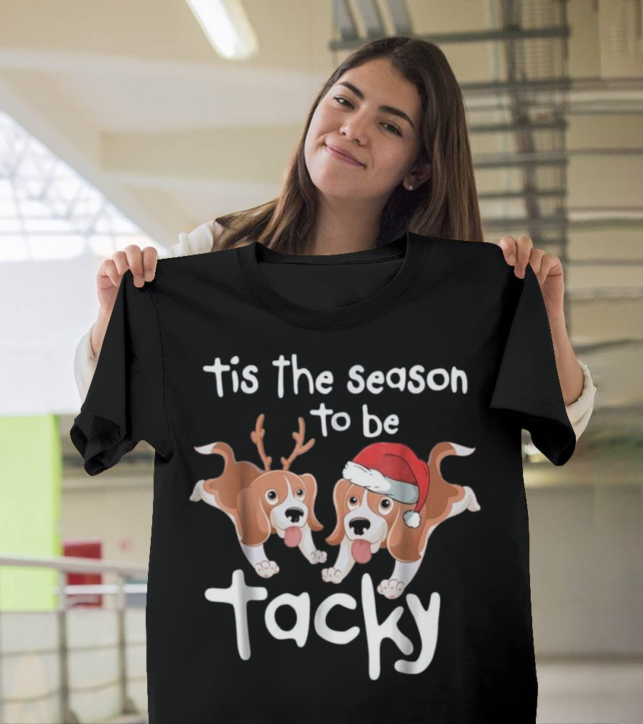 Tis the Season To Be Tacky with Festive Papillion Reindeer and Santa Dogs T-Shirt