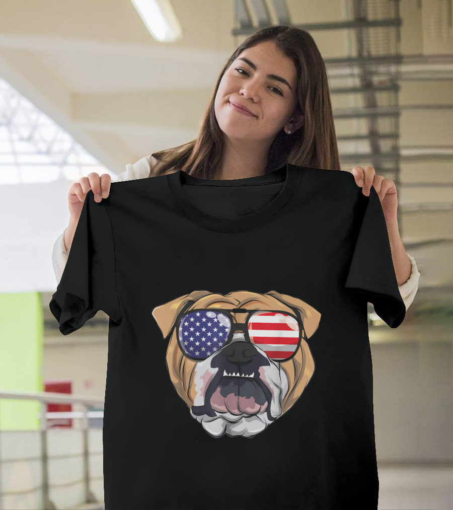 English Bulldog Wearing American Flag Sunglasses Patriotic T-Shirt