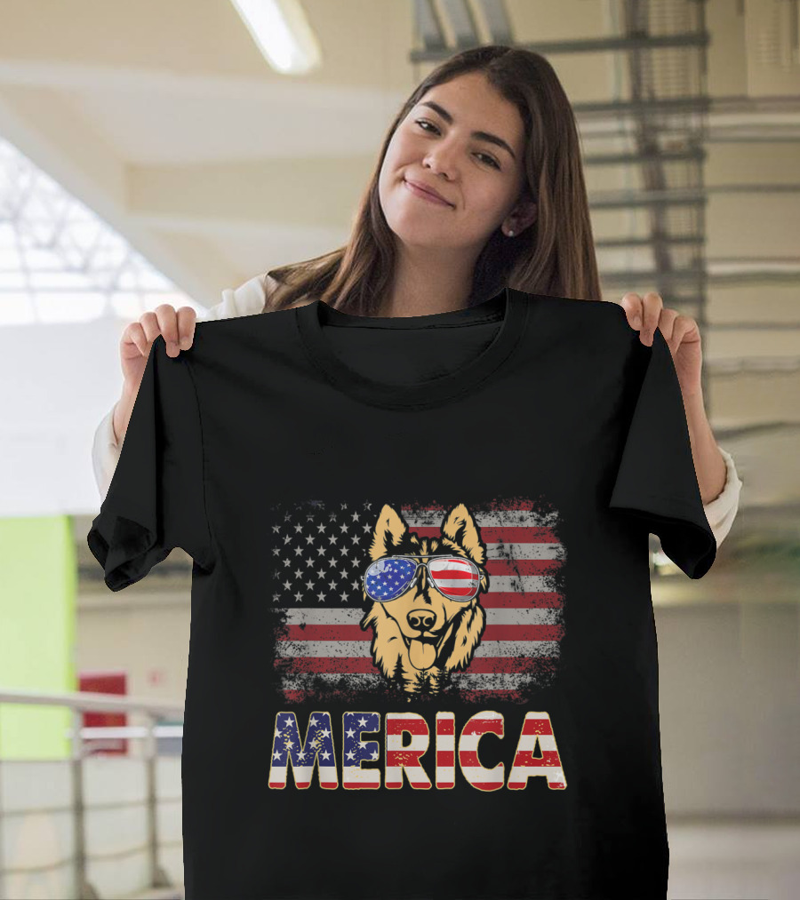 Husky Dog with American Flag Sunglasses Merica 4th of July T-Shirt