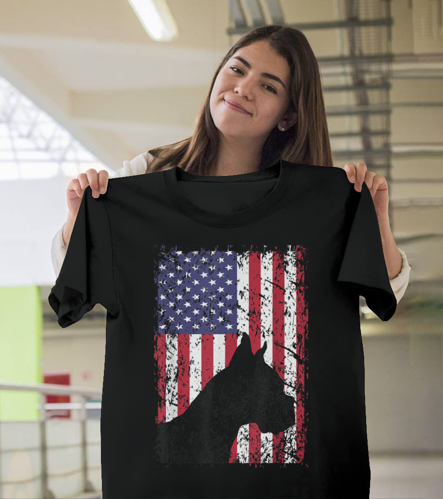 Boxer Dog Silhouette with Distressed American Flag for 4th of July in Red White and Blue T-Shirt