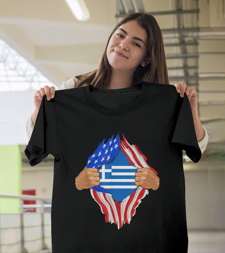 Inside Me Greek Blood Unveiled American and Greek Flag Fusion T-Shirt