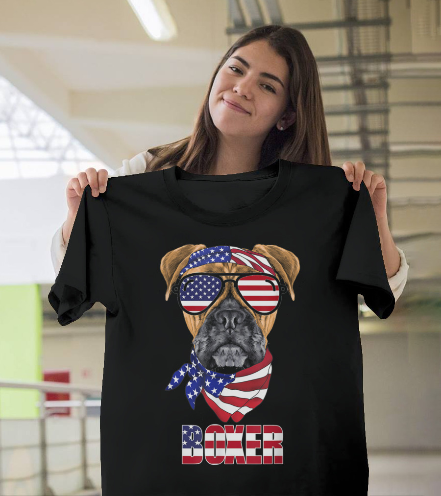 Boxer Dog With American Flag Bandana and Sunglasses T-Shirt