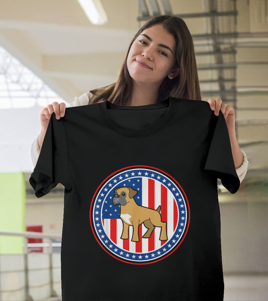 Boxer Dog American Flag 4th of July Stars and Stripes Circular Emblem T-Shirt
