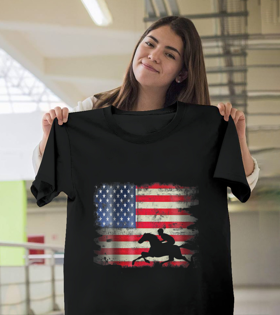 USA American Flag with Equestrian Silhouette Patriotic T-Shirt
