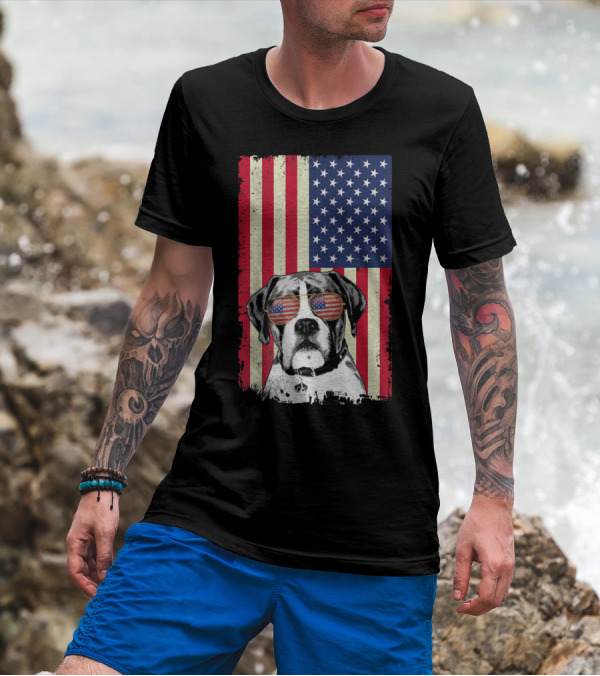 Boxer Dog With American Flag Sunglasses In Front Of American Flag T-Shirt