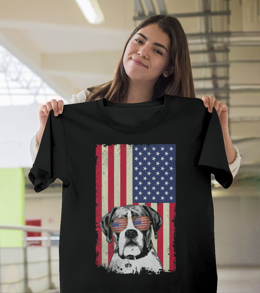 Boxer Dog with American Flag Sunglasses in Front of American Flag T-Shirt