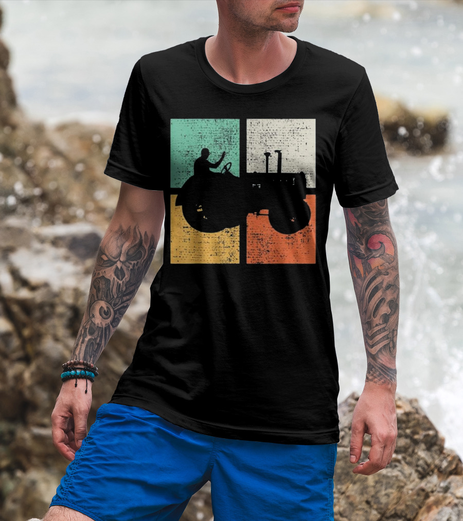 Tractor Vintage Farmer Silhouette Retro Blocks T-Shirt