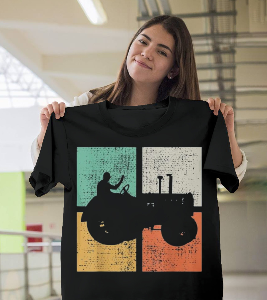 Tractor Vintage Farmer Silhouette Retro Blocks T-Shirt