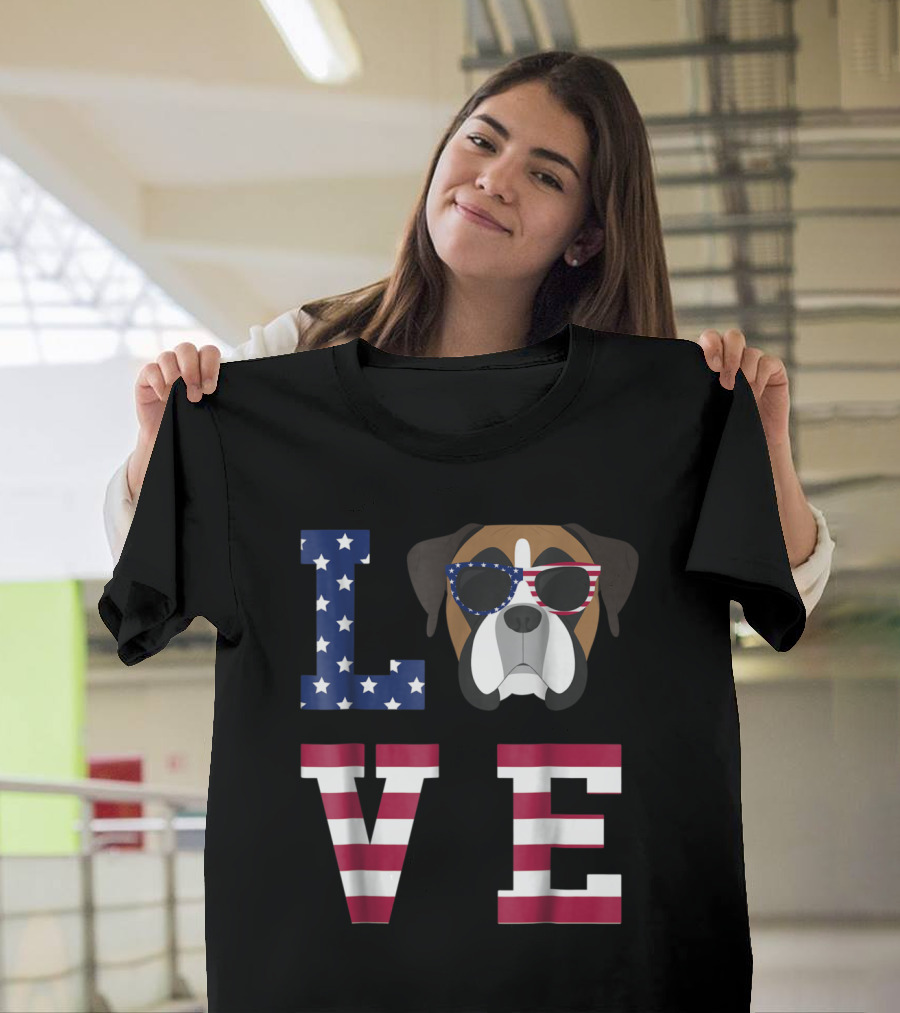 Patriotic Boxer Dog Love Stars and Stripes 4th Of July T-Shirt