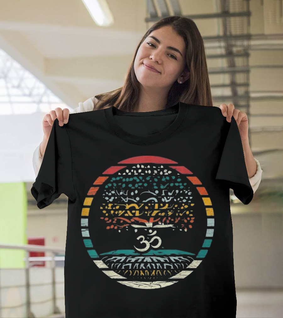 Tree of Life with Om Symbol in Multicolor Circle T-Shirt
