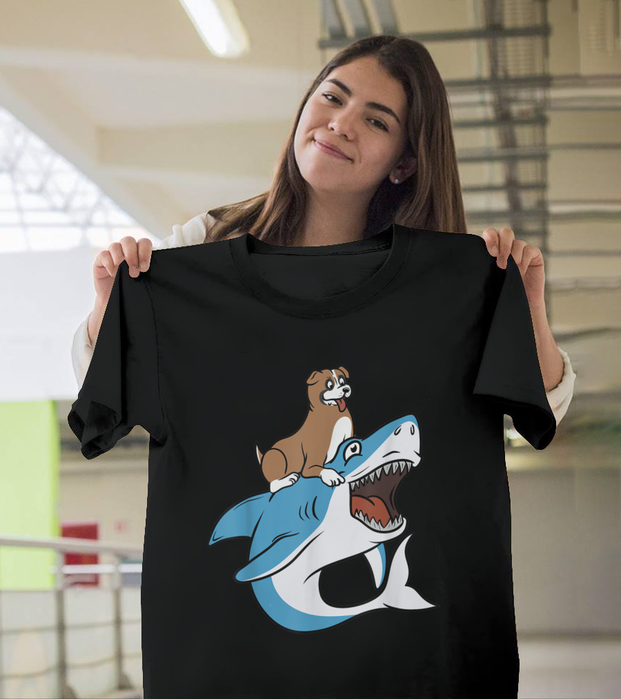 Boxer Dog Riding Giant Shark T-Shirt