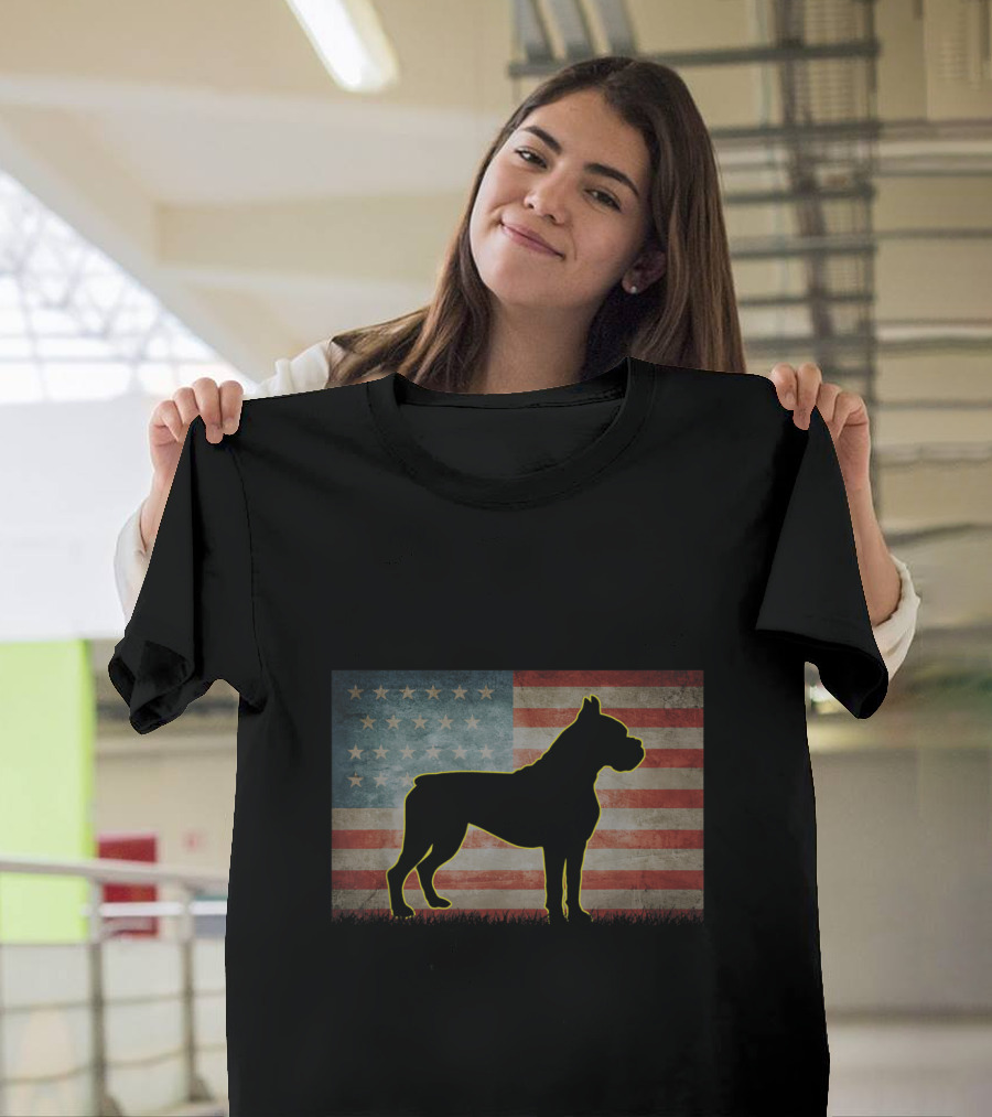 Boxer Dog Silhouette on American Flag Background USA T-Shirt