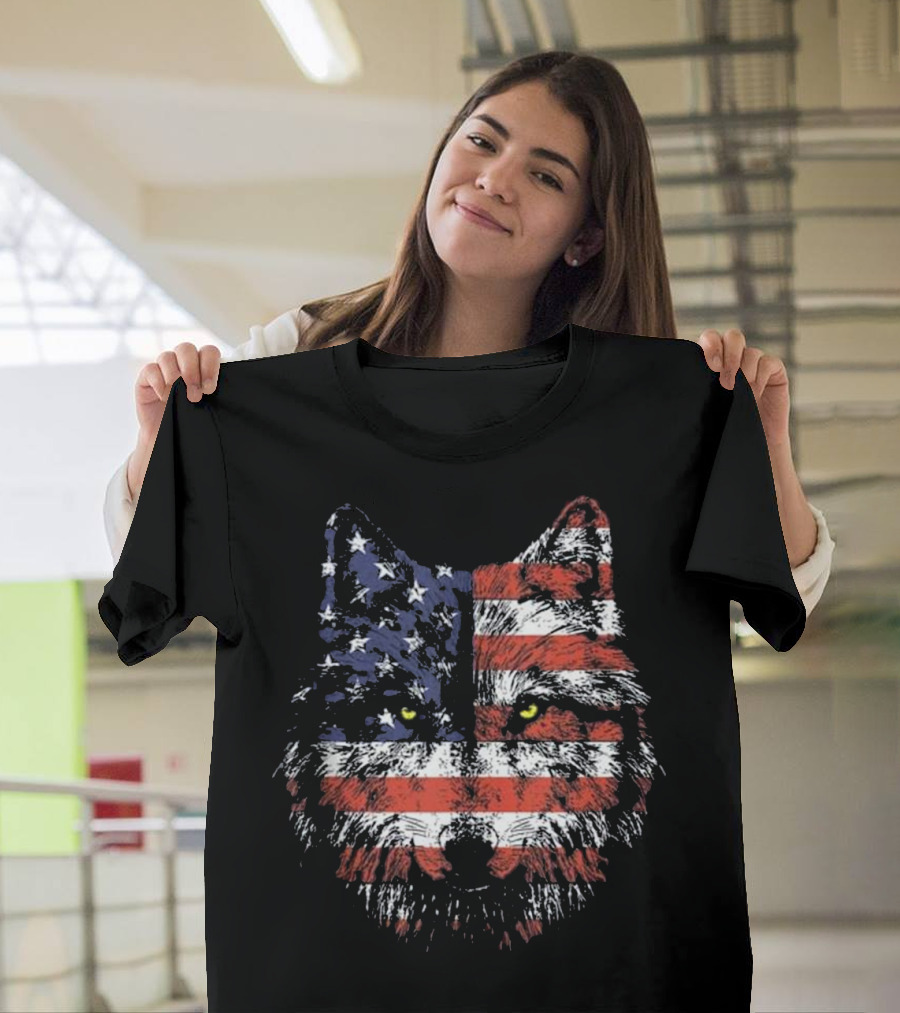 Wolf Face American Flag July T-Shirt